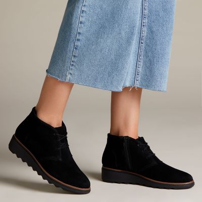 clarks black suede wedge booties