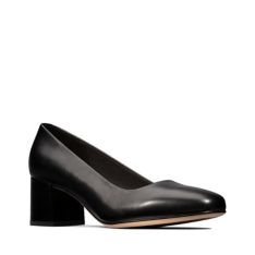 Ladies Clarks /'Sheer Rose/' Black Leather Block Heel Court Shoes
