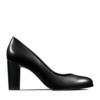 Ladies Clarks /'Sheer Rose/' Black Leather Block Heel Court Shoes