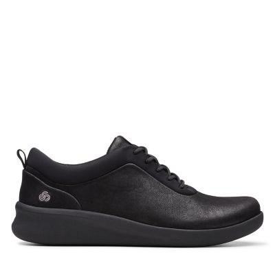 clarks black leather keeler step slip on shoes