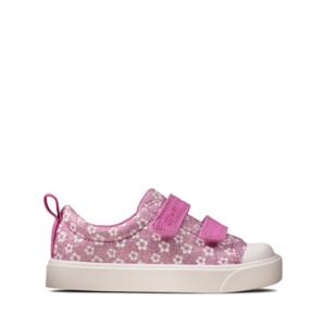 KIRSTY GIRLS CLARKS FIRST DOODLES HOT PINK RIPTAPE PUMP CANVAS SHOES TRAINERS 