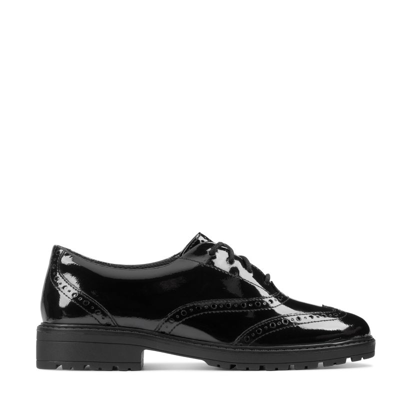 Kids Loxham Brogue Black Patent Shoes | Clarks
