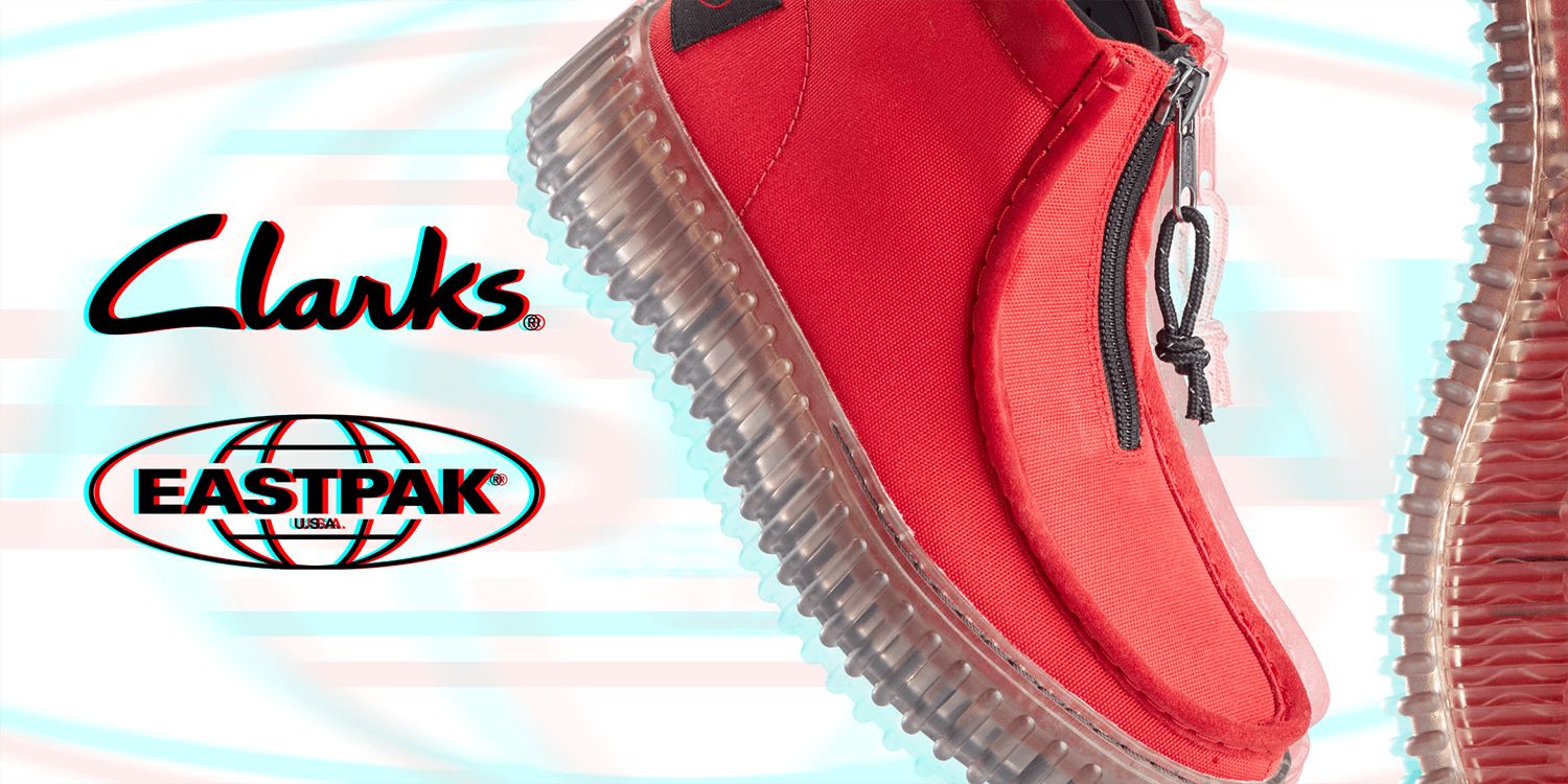 Clarks x Eastpak logo on the left with a close up of the shoe in red on the right.