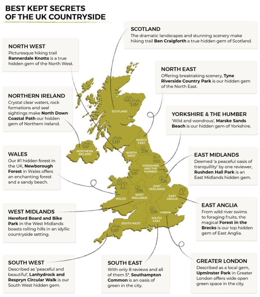 A map of the UK showing the most hidden nature attractions per region
