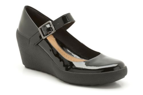 clarks black patent wedge sandals